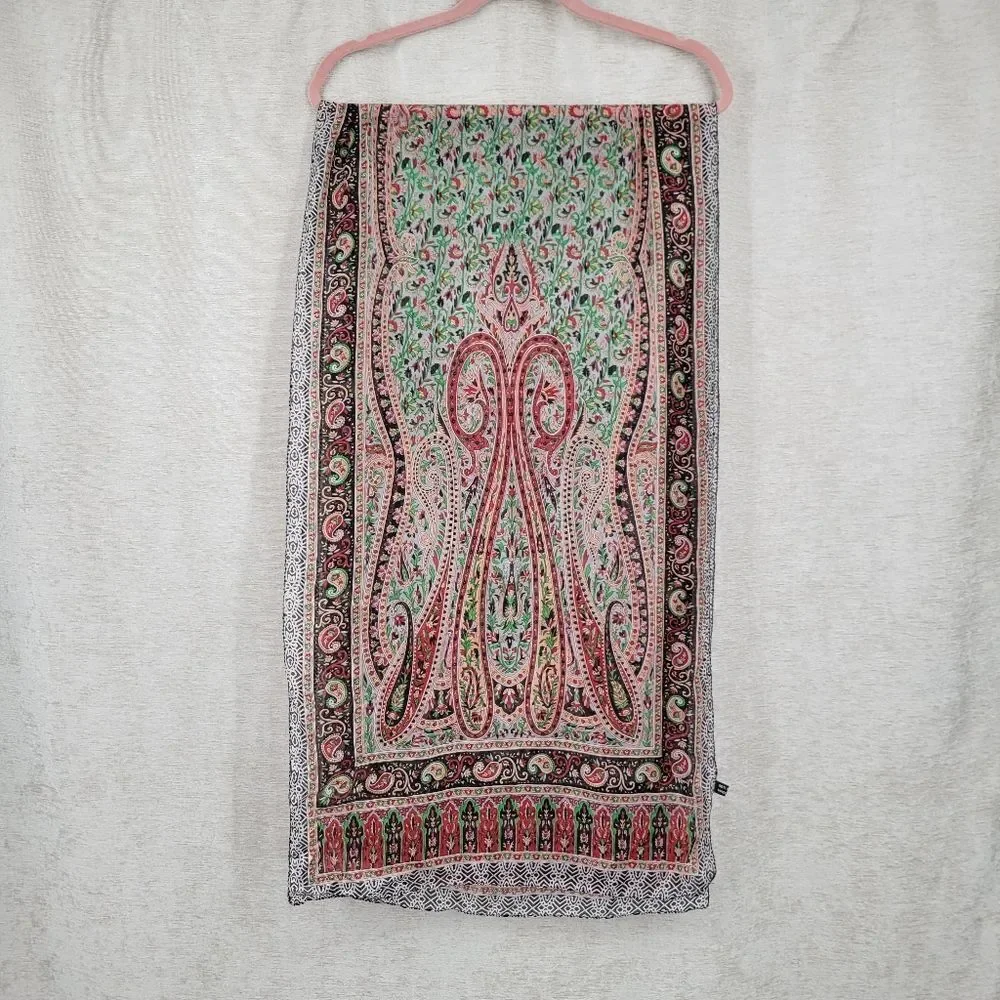 Silk Chiffon Red Green Paisley Patterned Scarf Head Wrap Belt